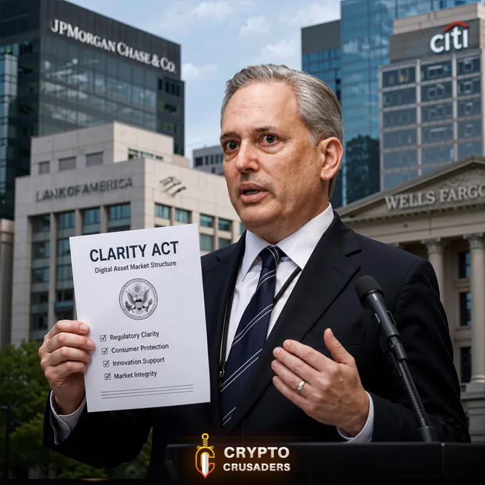 The image features a man dressed in a suit holding up a piece of paper that says "CLARITY ACT". The man appears to be speaking at a podium, possibly addressing an audience or presenting information about the clarity act. In the background, there are several buildings, including one with the name "CITI" on it, which suggests that this event is taking place in a financial district. Additionally, there is another person standing near the man holding the paper, and they seem to be listening to what he has to say. The presence of these individuals indicates that this could be an important or significant event related to the clarity act.
