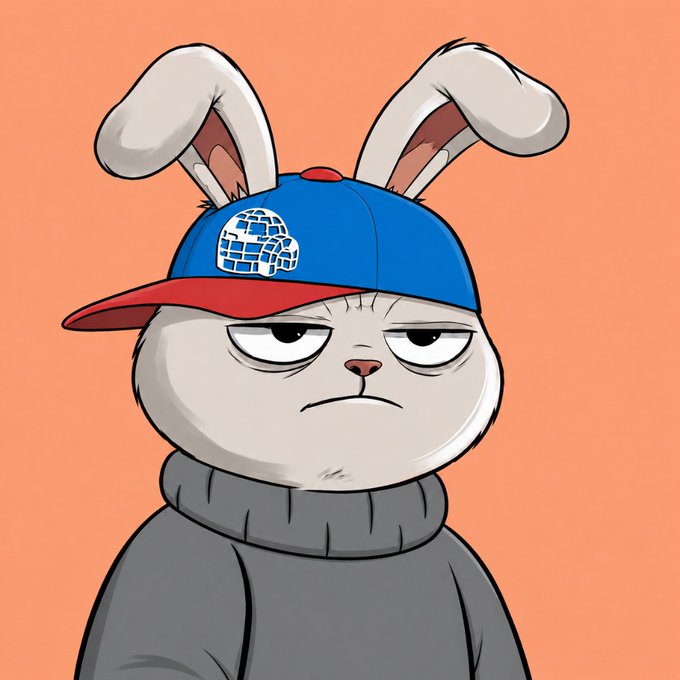 A grumpy cartoon bunny wearing a blue and red "BUNNY WIF HAT" cap and a gray hoodie appears as the mascot for the @Bunnywtfnft giveaway promotion.