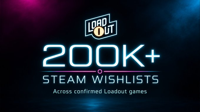 A promotional graphic displays the 'LOADOUT' logo above the text '200K+ STEAM WISHLISTS Across confirmed Loadout games' against a dark, neon-lit background.