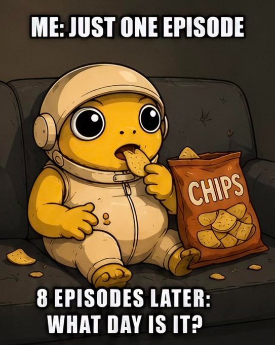 A cartoon turtle in an astronaut suit sits on a couch eating from a bag of "CHIPS," with text reading "ME: JUST ONE EPISODE" at the top and "8 EPISODES LATER: WHAT DAY IS IT?" at the bottom—perfectly capturing the binge-watching time warp the post associates with $TURBO.