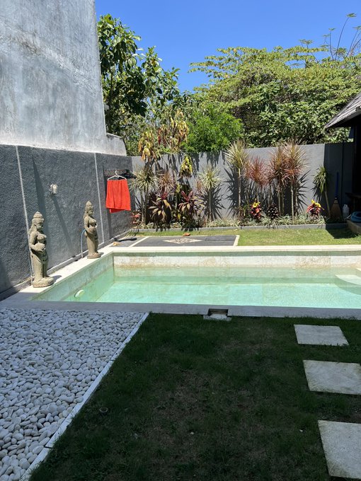 An outdoor courtyard features a rectangular swimming pool surrounded by white stone, green grass, tropical plants, and two stone statues.