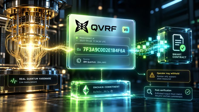 A graphic showing a Quantum Verifiable Random Function (QVRF) v0 system with real quantum hardware labeled 'IBM Quantum', displaying a measurement at 2025-04-24 12:34:56 UTC and a hash value '0x 7F3A9C0D2E1B4F6A', connected to smart contract verification and onchain commitment features.