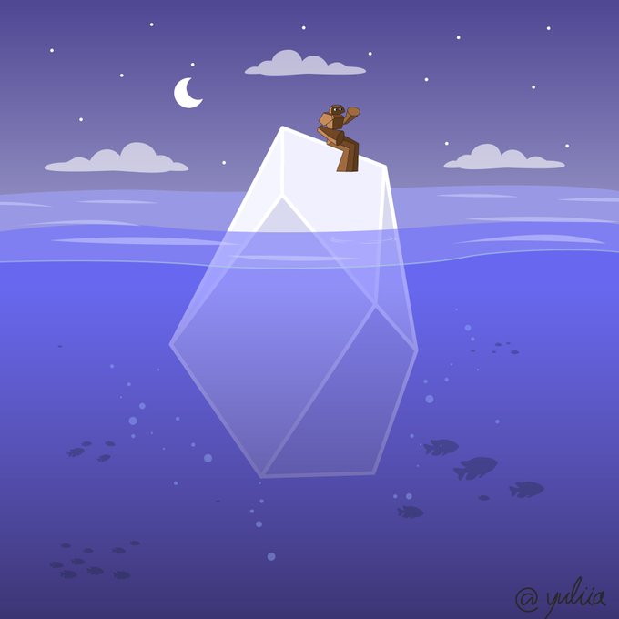 Illustration by @yulicia depicting a small brown creature sitting atop a geometric iceberg floating in a purple night seascape with a moon, stars, and fish silhouettes below.