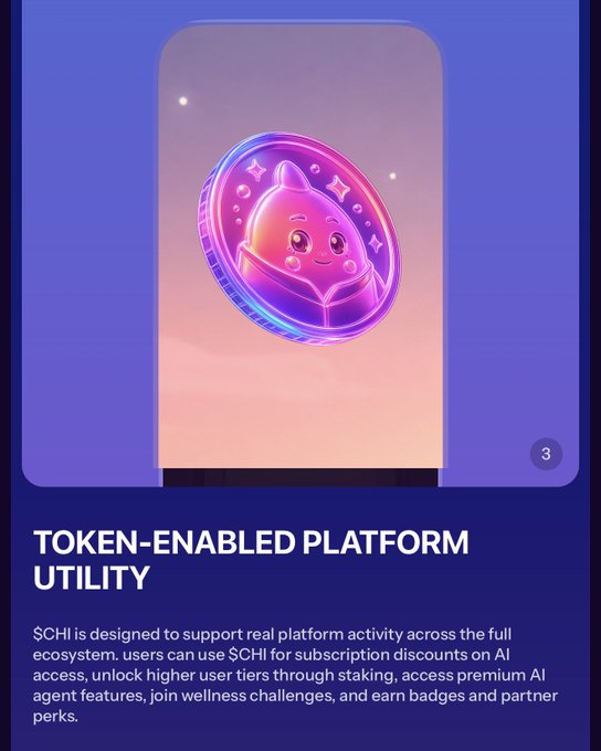 The image showcases a 3D rendered pink and purple coin featuring the Sleepagotchi character, labeled "3," alongside the heading "TOKEN-ENABLED PLATFORM UTILITY." The text explains that $CHI is designed to support real platform activity across the full ecosystem, allowing users to use it for subscription discounts on AI access, unlock higher user tiers through staking, access premium AI agent features, join wellness challenges, and earn badges and partner perks—directly illustrating the post's point about $CHI's expanding utility beyond just the sleep product into the wider Gotchi platform.