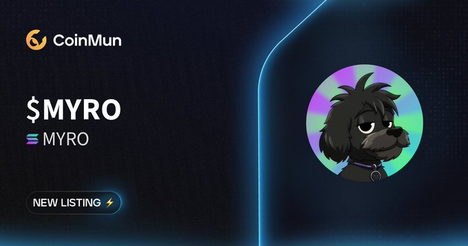 The image is a promotional graphic from CoinMun announcing a new listing for the cryptocurrency MYRO ($MYRO). It features the CoinMun logo at the top left, the ticker "$MYRO" prominently displayed alongside the brand name, a "NEW LISTING" badge, and the MYRO mascot—a cartoon dog character—shown within a colorful circular emblem, all set against a sleek dark background with a smartphone frame.