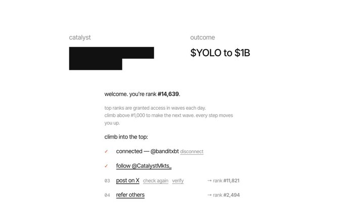 The image shows a Catalyst Markets ranking page with the catalyst "$YOLO to $1B" displayed, where the user is currently ranked #14,639 and can climb by completing tasks like connecting their wallet (@banditxbt), following @CatalystMkts_, posting on X (#11,821), and referring others (#2,494). The page invites users to reach the top 1,000 to access the next funding wave.