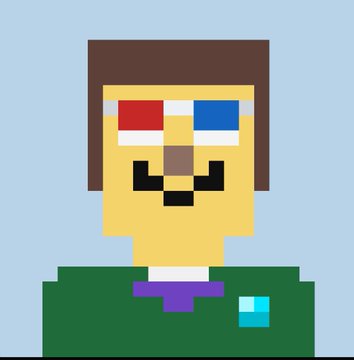 A pixel art illustration depicts a character with brown hair, a mustache, 3D glasses with red and blue lenses, wearing a green shirt and purple bow tie.