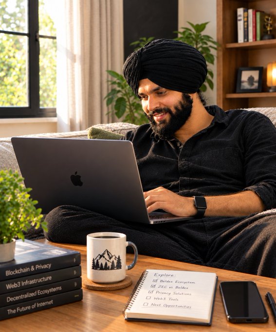 A man wearing a black turban sits on a couch using an Apple laptop, with books about 'Blockchain & Privacy' and 'Web3 Infrastructure' beside him and a notebook listing topics like 'Baldur Ecosystem' and 'ZEC & Privacy Solutions'.