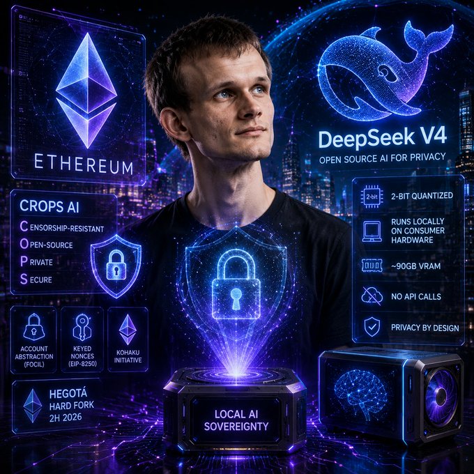 The image features a man wearing a black shirt with a blue shield design, standing next to a computer monitor displaying an advertisement for DeepSeek V4. The man appears to be looking at the monitor or possibly posing for a photo. The background of the image is dark and filled with various icons related to cryptocurrency and blockchain technology. One of these icons includes a lock symbolizing privacy and security. The text in the image reads "Vitalik Buterin links DeepSeek V4 to the future of privacy on Ethereum and CROPS AI Vitalik Buterin, co-founder of Ethereum".