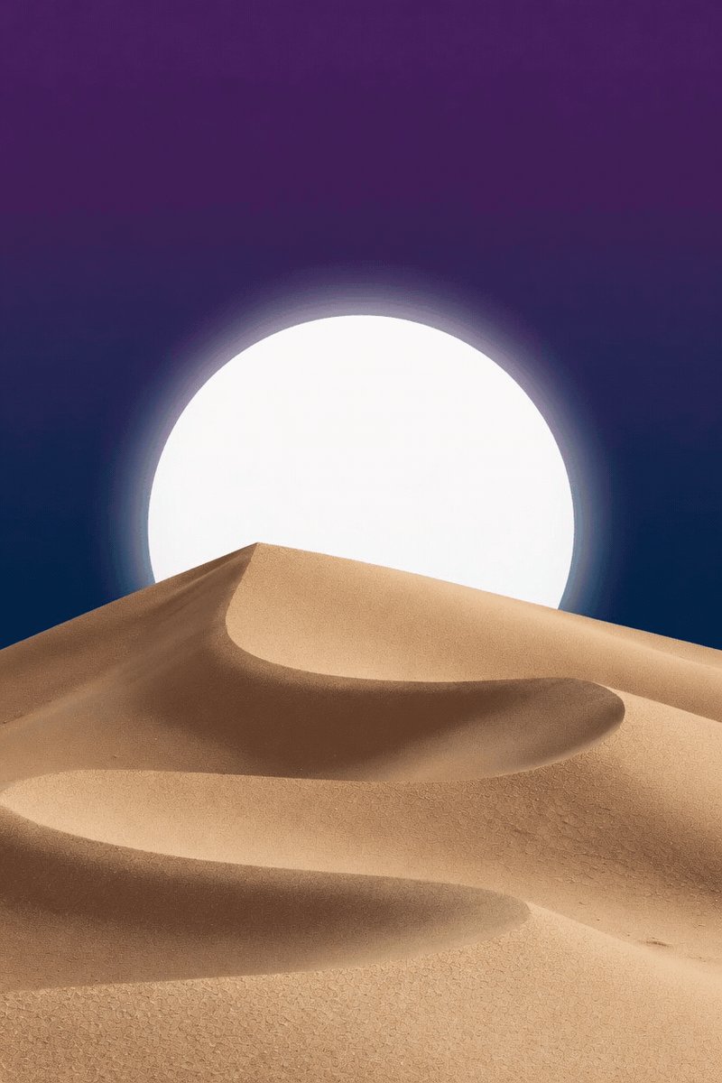 The image features a large white circle with a bright sun inside of it, set against a dark blue sky. The sun appears to be shining brightly from the center of the circle, creating an interesting visual effect. The background consists of sand dunes that are brown in color and appear to be curving or wavy. The post includes text that reads "Gm gm friends! Happy #TezosTuesday Synth Sun. Take me elsewhere, where colors are warm." This message seems to be related to the image's theme, as it suggests a connection between the sun and the sandy landscape depicted in the photo.
