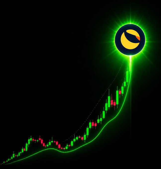 A stylized digital illustration showing a rising green candlestick chart with an upward trajectory, topped by a glowing coin logo featuring a yellow crescent shape.