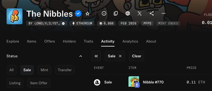An OpenSea NFT marketplace page for 'The Nibbles' collection by LONELYLILYLST on Ethereum, showing an Activity tab with a sale of Nibble #770 for 0.11 ETH.