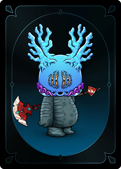 A pixel art card-style illustration of a Lovecraftian monster featuring a blue head with multiple vertical eyes, large antler-like protrusions, a gray patched body, and holding a bloody axe.