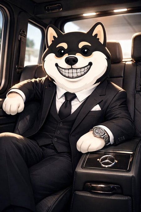 A Shiba Inu dog character wearing a formal black suit and tie sits in the back of a luxury car, with a Mercedes-Benz logo visible on the seat.