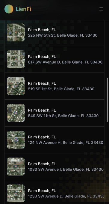 A mobile screenshot from the LienFi app displays a list of tax lien properties in Palm Beach, FL, all located in Belle Glade, FL 33430, with specific addresses such as 225 NW 5th St, 817 SW Avenue D, and 1233 SW Avenue D. Each entry features a satellite map thumbnail alongside the location details, emphasizing the app's focus on tax lien investment opportunities in the area.