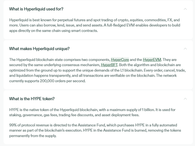 A FAQ-style informational graphic explaining Hyperliquid's uses, unique features (HyperCore and HyperEVM secured by HyperBFT, supporting 200,000 orders per second), and details about the HYPE token (native token with a 1 billion max supply used for staking, governance, gas fees, and trading fee discounts, with 99% of protocol revenue directed to the Assistance Fund).