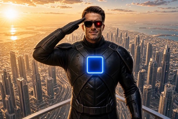 A digitally rendered superhero in a black armored suit with a glowing blue square on the chest and red-tinted visor saluting while overlooking a vast futuristic cityscape at sunset.