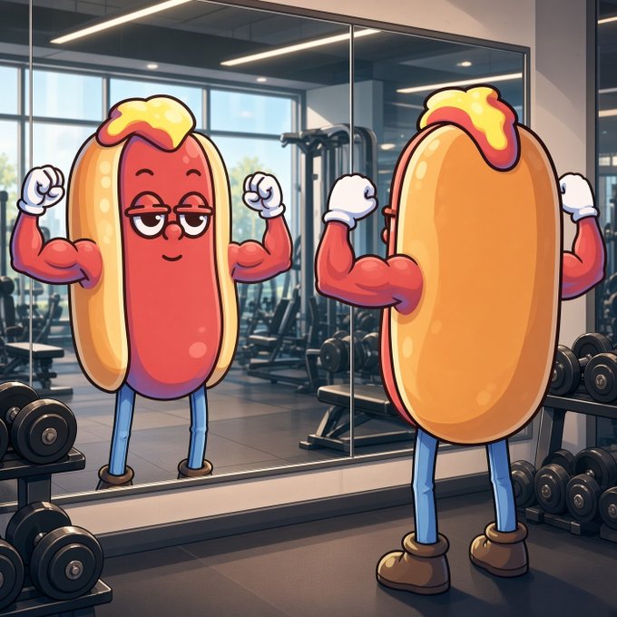An illustration of an anthropomorphic hot dog character with muscular arms, wearing white gloves, flexing in a gym mirror surrounded by dumbbells and workout equipment.
