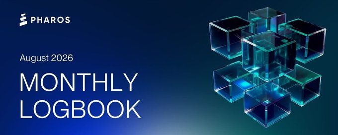 Banner for Pharos 'August 2026 MONTHLY LOGBOOK' featuring a dark blue gradient background and a cluster of glowing transparent cubes.