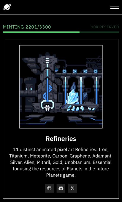 A digital collectible minting page showing "MINTING 2201/3300" with 100 reserved, featuring pixel art of a futuristic facility labeled "Refineries" for Iron, Titanium, Meteorite, Carbon, Graphene, Adamant, Silver, Alien, Mithril, Gold, and Unobtanium for a Planets game.