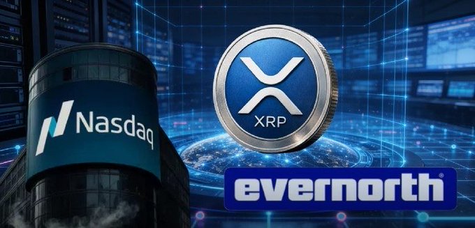 A graphic montage featuring the Nasdaq building alongside an XRP cryptocurrency coin and the Evernorth logo against a digital blue background.
