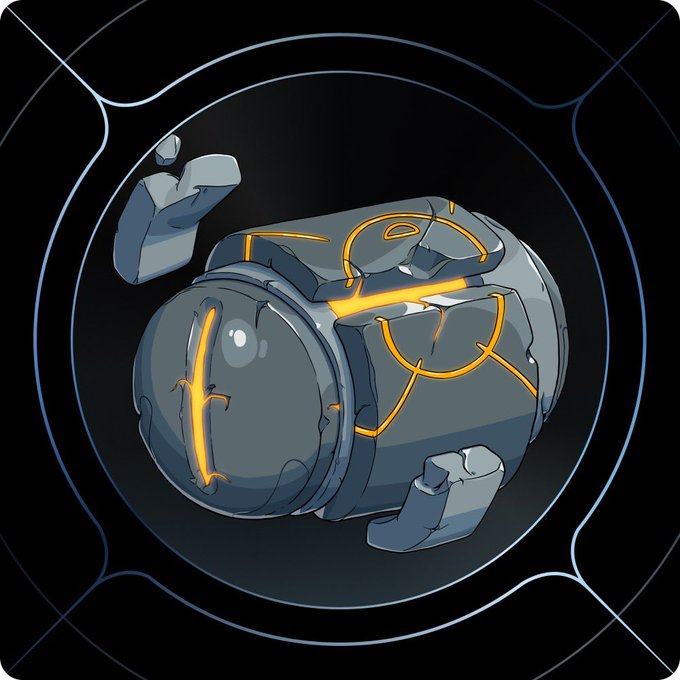 An illustrated cylindrical mechanical object, possibly a futuristic container or device, features cracked gray stone-like plating with glowing orange fissures running through it, set against a dark background with a glowing blue circular frame.