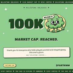 A celebratory graphic for 'STARTKMM' announcing '100K MARKET CAP, REACHED!' with a cartoon broccoli character wearing a 'WE DID IT' sign. The text thanks holders, players, and stakers, and includes a link to startkm.com.