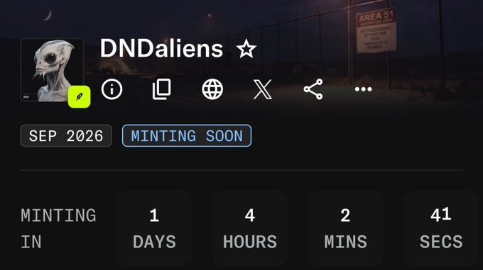 A website screenshot for 'DNDaliens' NFT collection showing 'MINTING SOON' with a countdown timer of 1 day, 4 hours, 2 minutes, 41 seconds, featuring an alien avatar.