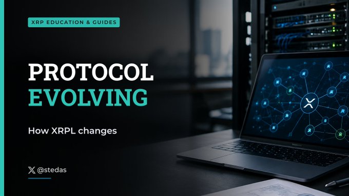 A promotional graphic for "XRP EDUCATION & GUIDES" titled "PROTOCOL EVOLVING" with the subtitle "How XRPL changes", posted by X @stedas, featuring a laptop displaying the XRP logo.