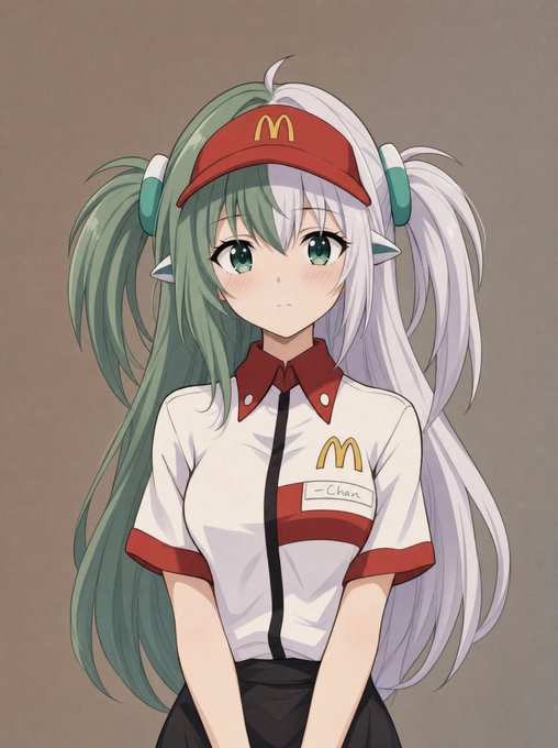 An anime-style illustration of a girl with half-green, half-white hair in pigtails, wearing a red McDonald's visor and a white uniform shirt with a 'Chan' name tag and golden arches logo.