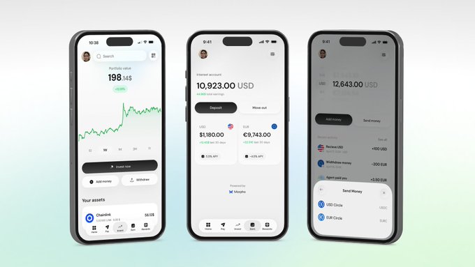 Three smartphone screens display a financial app interface showing portfolio values ($198.14S, $10,923.00 USD, $12,643.00 USD), transaction history with assets like Chainlink, USD, and EUR Circle, and a 'Send Money' prompt.