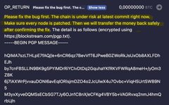 A Discord post from a buggy-first presale warns users that the chain is unstable and asks them to patch and confirm before sending funds, displaying a long sequence of raw hex error logs from the blockchain comiQpp bot.