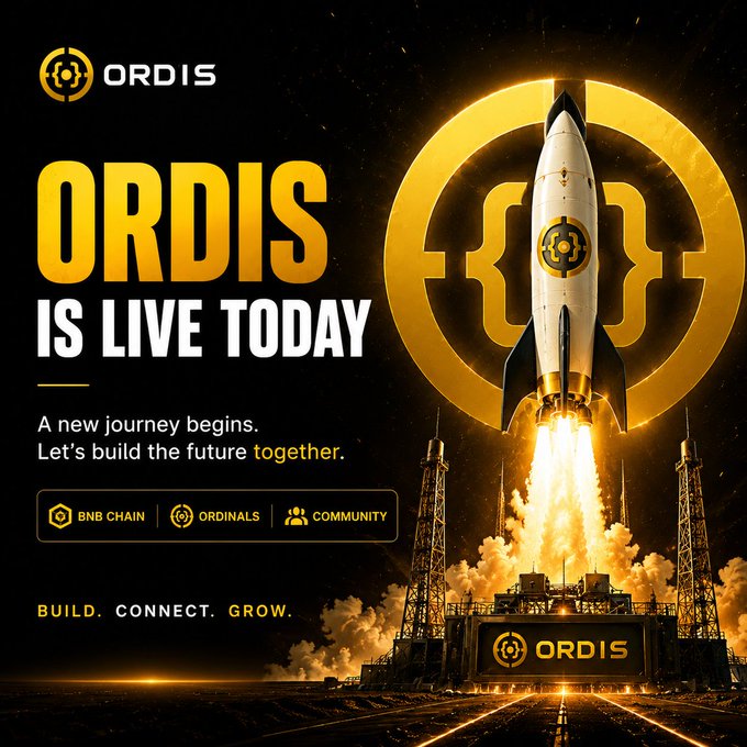 The image is a promotional graphic announcing "ORDIS IS LIVE TODAY" with a rocket launching into space above an "ORDIS" branded launchpad, featuring taglines "A new journey begins. Let's build the future together." and "BUILD. CONNECT. GROW." alongside BNB Chain, Ordinals, and Community badges—visually capturing the excitement of ORDIS's official launch celebrated in the accompanying post.