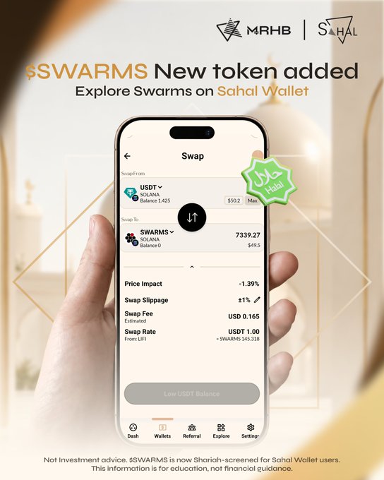 A promotional advertisement showing a smartphone displaying a token swap from USDT to SWARMS on the Sahal Wallet app, with MRHB and Sahal logos at the top.