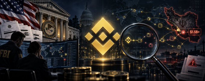 The image depicts a dramatic investigative scene featuring the Binance logo illuminated at the center, surrounded by symbols of U.S. law enforcement including the FBI seal, the Capitol building, and an American flag, alongside a map of Iran, a network of connected transaction nodes, and a "$1.5B+" figure — visually representing the U.S. investigation into Binance's alleged facilitation of over $1.5 billion in transactions linked to Iran despite sanctions. Agents are seen working at computer screens, reinforcing the narrative of prosecutors probing whether Binance knowingly permitted these sanctions-violating transfers.