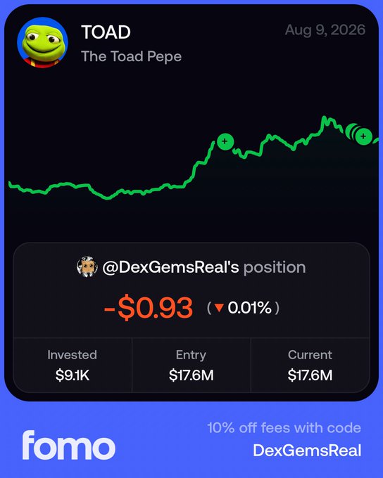 A Fomo app screenshot dated Aug 9, 2026, showing a price chart for 'TOAD - The Toad Pepe' token with a market cap of $17.6M, tracking @DexGemsReal's position with a minor loss of -$0.93.
