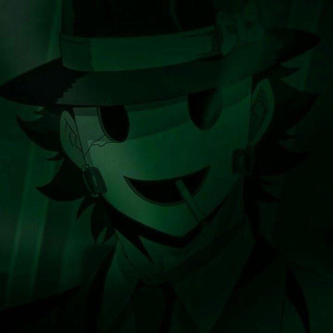 A dark, green-tinted anime illustration shows a smiling character wearing a fedora hat with a cigarette dangling from their mouth. The post's "GM CT TGIF!" message pairs with the character's sly grin to convey a casual Friday morning greeting with a mysterious, cool vibe.