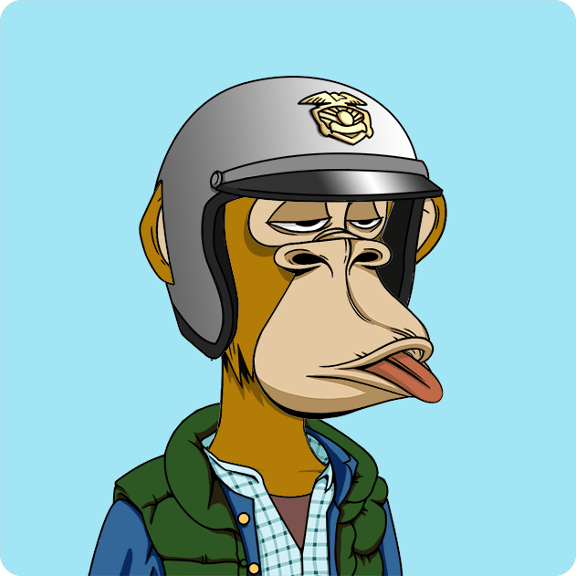 The image shows a Bored Ape NFT character, specifically Ape #618, featuring a yellow-brown ape wearing a silver helmet with a Marine Corps emblem, sticking out its tongue, and dressed in a green vest over a checkered shirt, all set against a light blue background. The accompanying post notes this NFT was purchased for 7.688 ETH, with links to trade.wuestenigel.eth and the Bored Ape Yacht Club collection on OpenSea.