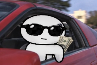 A crudely drawn white cartoon character wearing black sunglasses, holding cash, and leaning out the window of a red car.