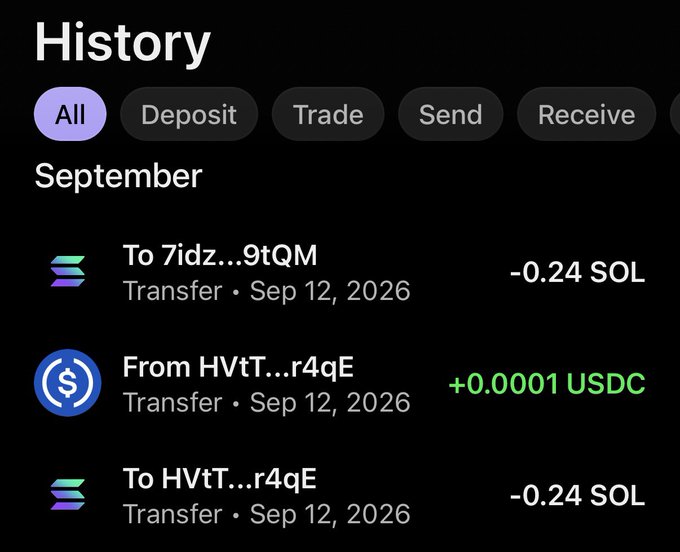 A crypto wallet history screenshot showing transactions from September 12, 2026, including transfers of 0.24 SOL sent to addresses "7idz...9tQM" and "HVtT...r4qE," and a received 0.0001 USDC. The image likely serves as proof of a small crypto transfer or tip, possibly related to the $50 winnings announced in the accompanying Telegram post.
