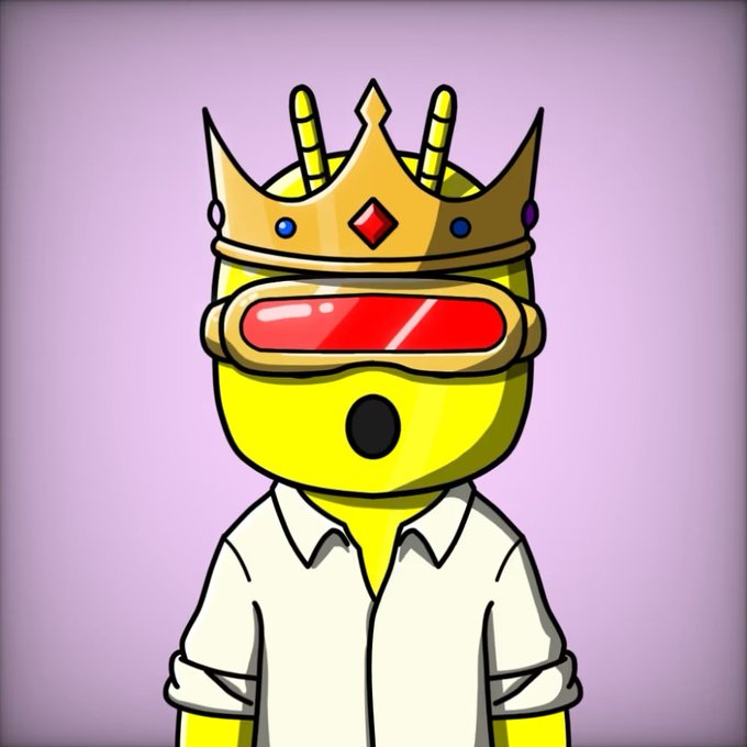 A cartoon emoji character wearing a golden King's Crown adorned with colorful gems and a red Cyber Visor over its eyes, dressed in a white collared shirt against a lavender background. The image illustrates the combination of traits "Cyber Visor + King's Crown" from the Chill Bugs NFT collection.