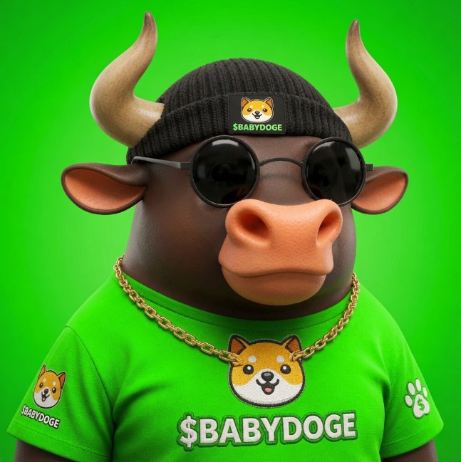 A 3D-rendered cartoon cow character with horns, wearing black sunglasses, a black beanie, and a green t-shirt, all branded with the '$BABYDOGE' cryptocurrency logo and a Shiba Inu dog mascot.