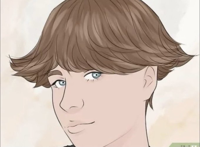 A digital illustration of a character's face featuring a bowl-style brown haircut and pale blue eyes.