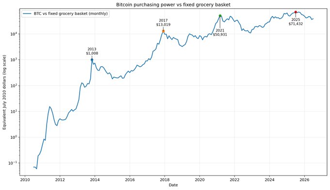 A logarithmic-scale chart titled "Bitcoin purchasing power vs fixed grocery basket" tracks Bitcoin's equivalent grocery-buying value in July 2010 dollars from 2010 to 2026, with notable peaks marked at 2013 ($1,008), 2017 ($13,019), 2021 ($50,931), and 2025 ($71,432). The chart supports the claim that Bitcoin has not yet had a "proper bull run," as each successive peak has only marginally exceeded the last, with 2025's high just slightly above the 2021 peak.