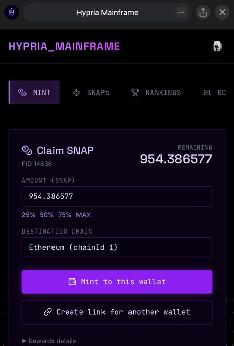 A dark-themed interface titled "HYPRIA_MAINFRAME" displays a "Claim SNAP" panel for FID 14636, showing 954.386577 SNAP remaining out of the full amount, with the destination chain set to Ethereum (chainId 1) and options to mint to the current wallet or create a link for another wallet. The screen directly supports the post's instructions by providing the visible interface to claim available SNAP tokens.