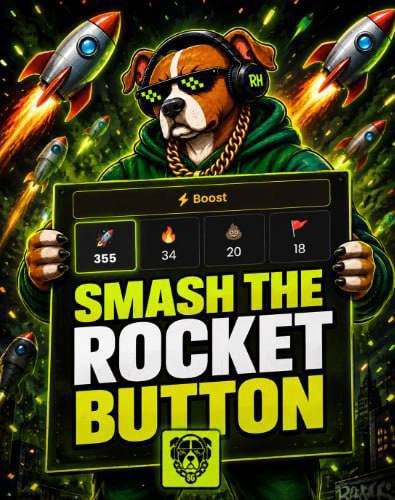 A cartoon dog wearing pixelated sunglasses and headphones stands behind a 'SMASH THE ROCKET BUTTON' sign with rocket boost stats (355, 34, 20, 18) and a fire dog logo.