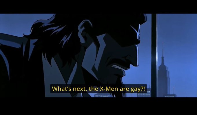 An animated scene showing a man in silhouette speaking, with subtitles reading 'What's next, the X-Men are gay?!' as he looks out a window toward a city skyline.