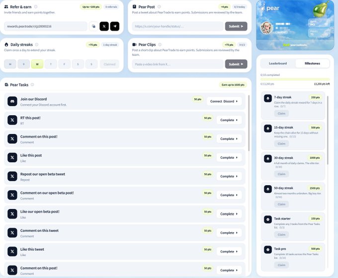 A dashboard for a points platform called 'Pear' featuring tasks, daily streaks, a leaderboard, and milestones for earning rewards.