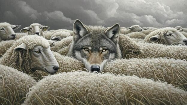 A wolf hides among a flock of sheep beneath a stormy sky, its piercing eyes locked forward—mirroring the post's warning about deceptive ICO projects disguised as trustworthy investments, with @MetaDAOProject highlighted as one of the few legitimate teams standing out from the herd.