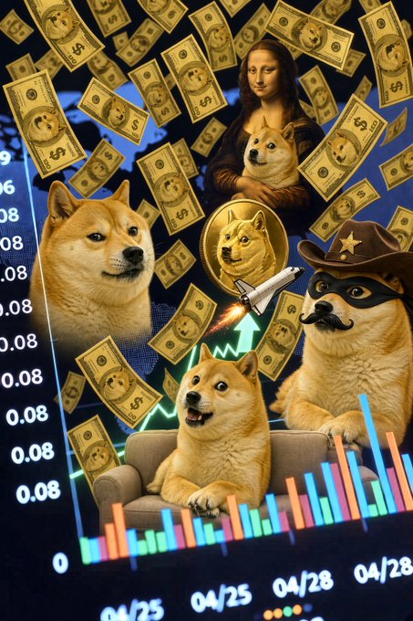 An AI-generated image showing Doge meme characters, dollar bills, the Mona Lisa, a Doge coin, a rocket, and bar charts representing a cryptocurrency meme.